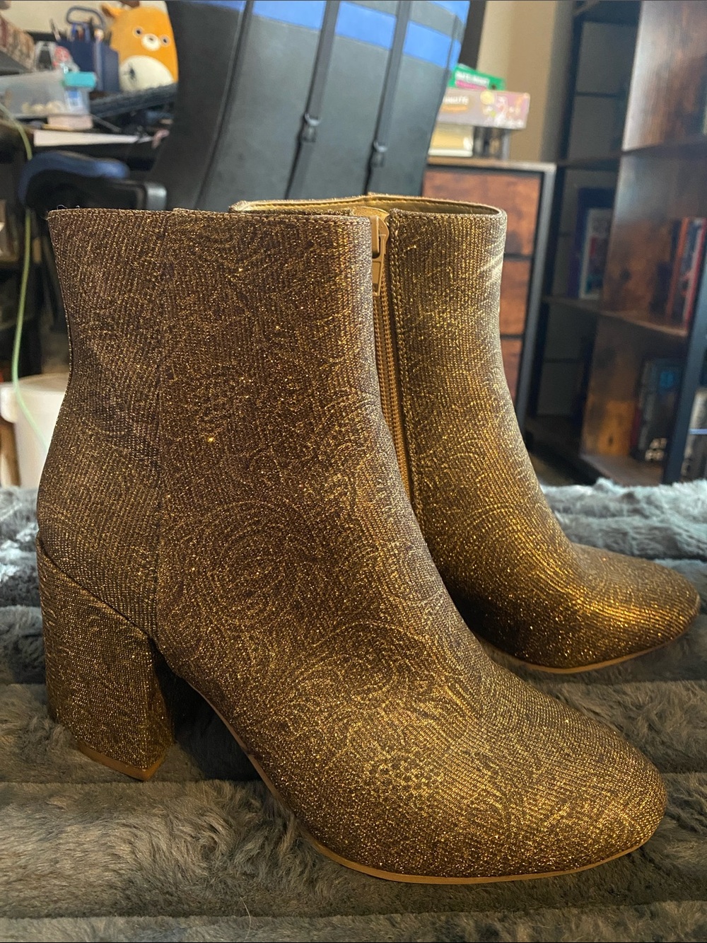 Carlos Santana Metallic Gold Ankle Booties with Chunky Heel